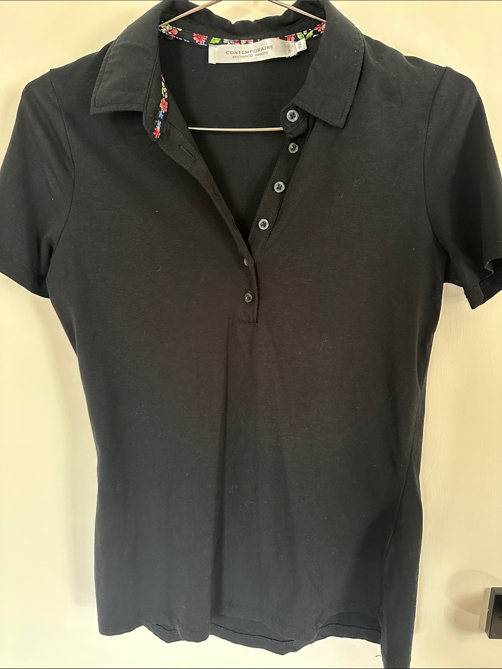 Simons Black Short-Sleeve Button-Down Shirt with Floral Trim